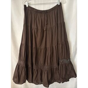 White Stag Brown Womens Skirt large 12/14 Tiered Embroidered Boho Festival Midi